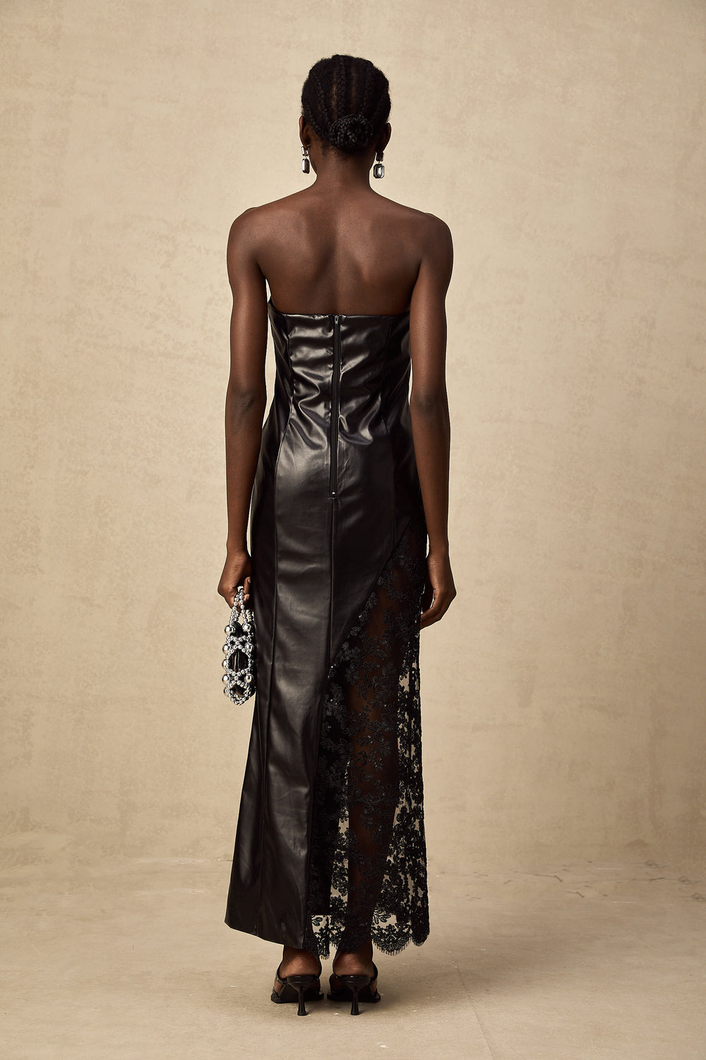 Levoire | Robe Maxi En Simili Cuir Avec Panneau En Dentelle Noire