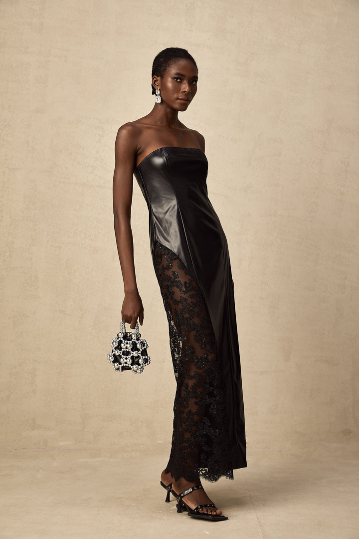 Levoire | Robe Maxi En Simili Cuir Avec Panneau En Dentelle Noire
