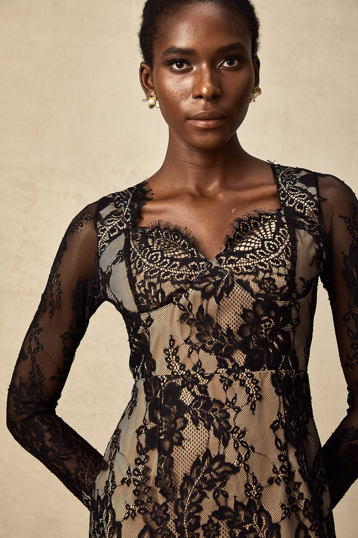 Levoire | Robe Mini En Dentelle Brodée De Fleurs Noires