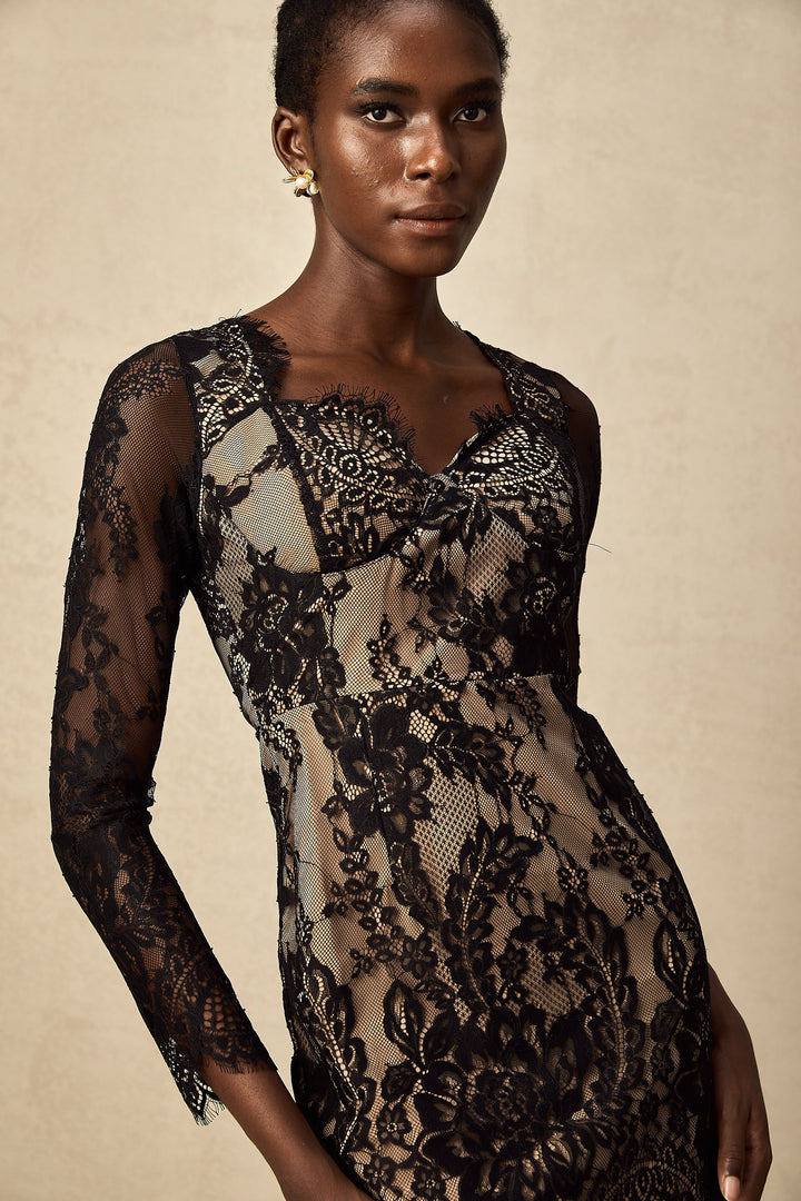 Levoire | Robe Mini En Dentelle Brodée De Fleurs Noires