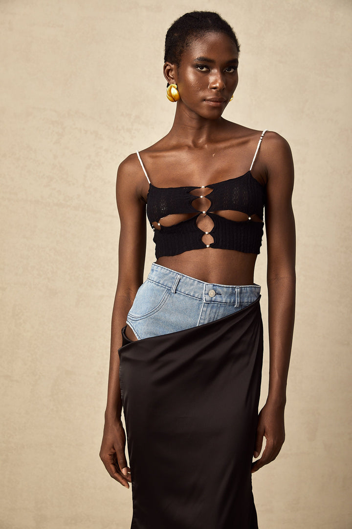 Levoire | Faux Perle Orné Découpe Top Court