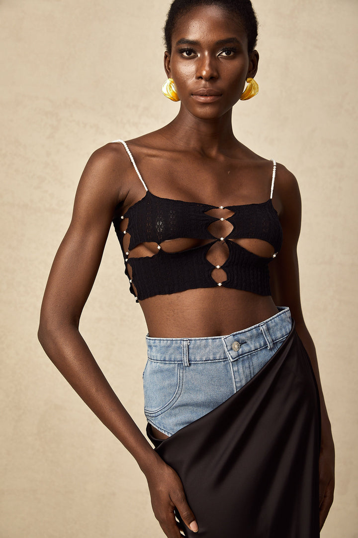 Levoire | Faux Perle Orné Découpe Top Court