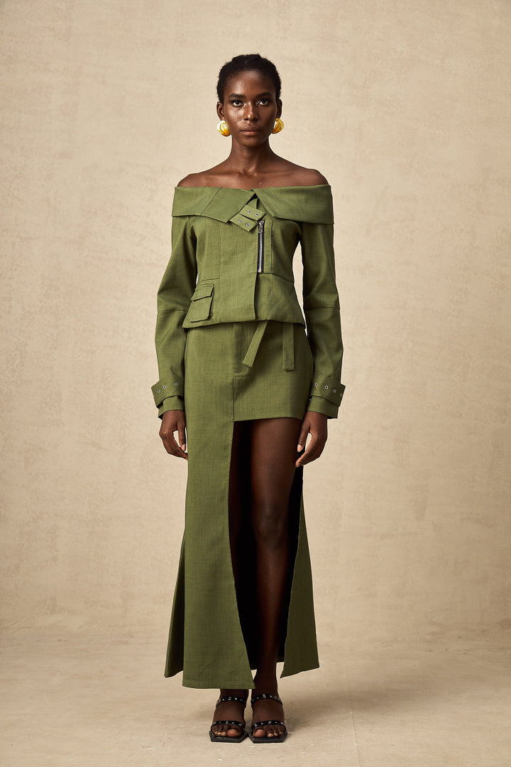 Levoire | Veste À Design Asymétrique Vert & Jupe Ensemble Coordiné