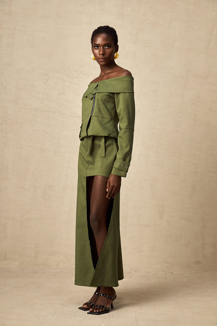 Levoire | Veste À Design Asymétrique Vert & Jupe Ensemble Coordiné