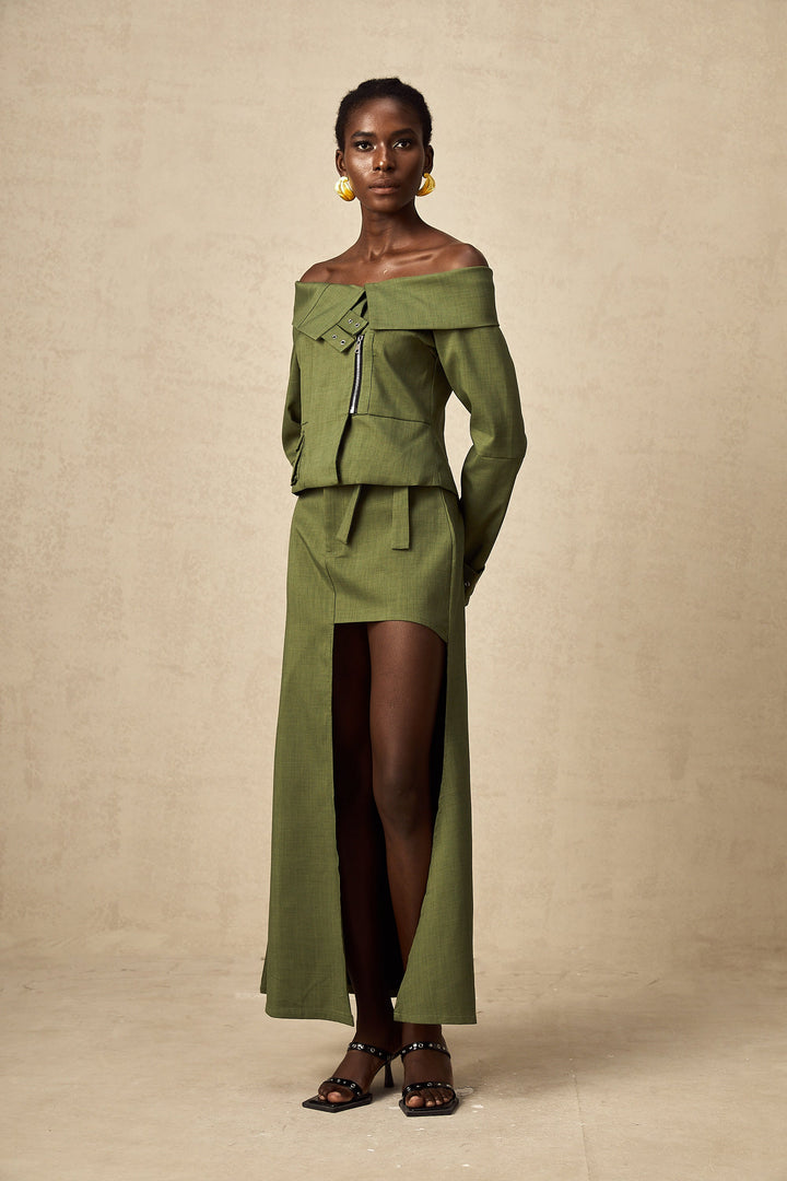 Levoire | Veste À Design Asymétrique Vert & Jupe Ensemble Coordiné