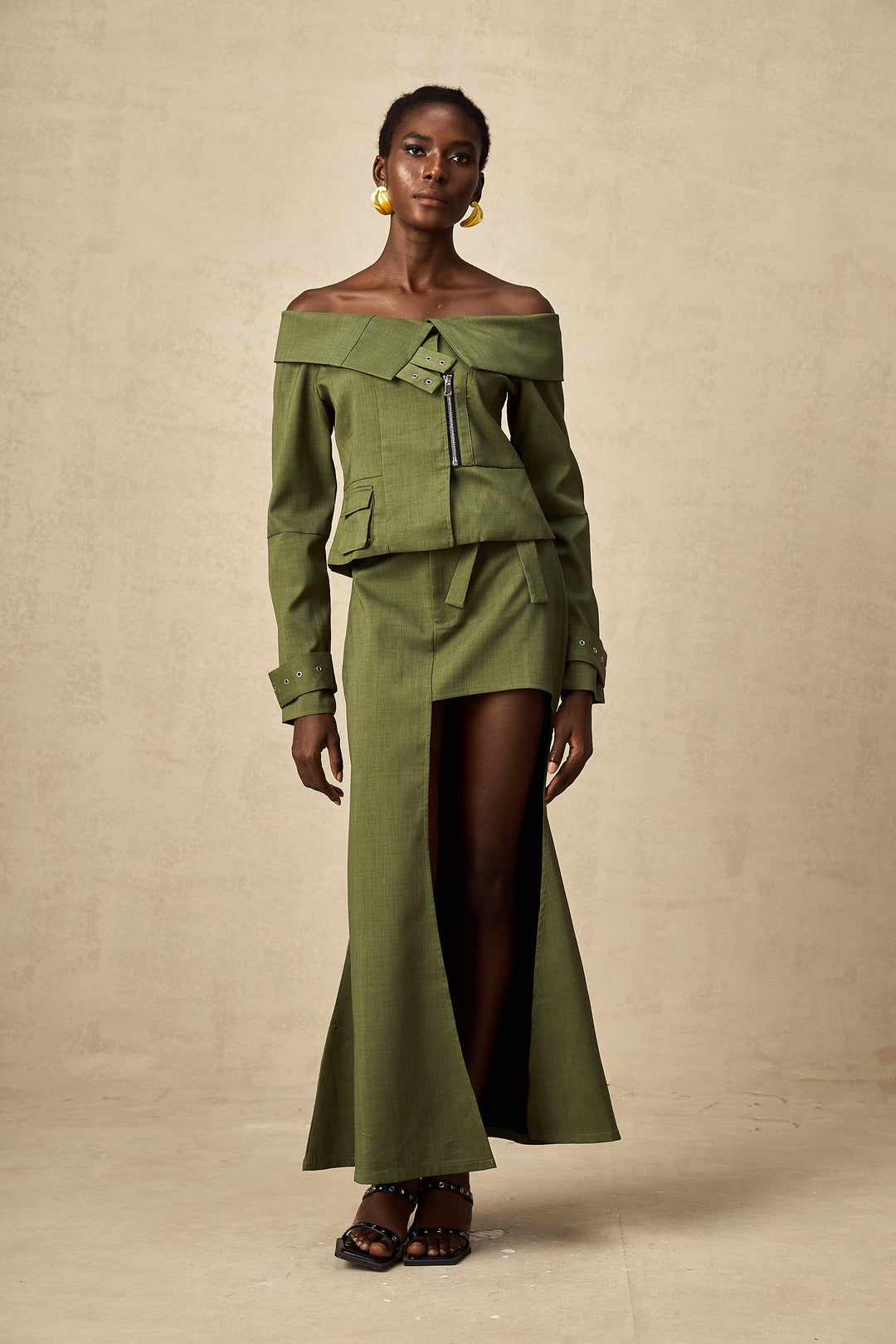 Levoire | Veste À Design Asymétrique Vert & Jupe Ensemble Coordiné