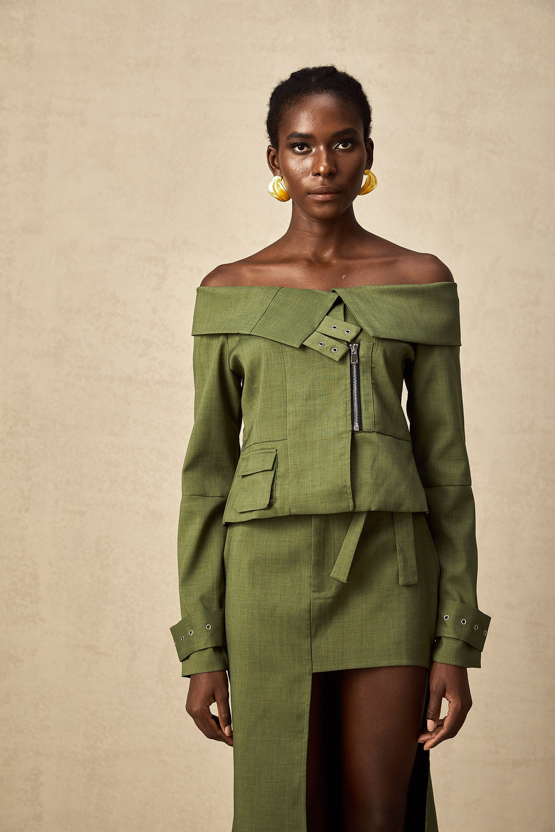 Levoire | Veste À Design Asymétrique Vert & Jupe Ensemble Coordiné