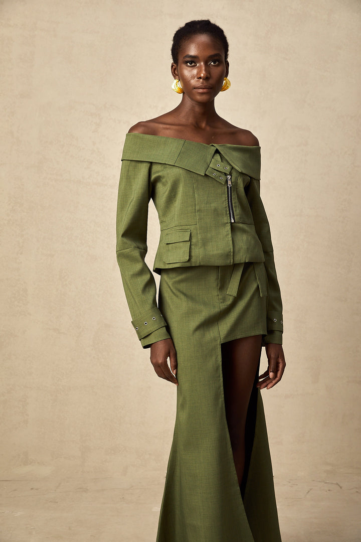 Levoire | Veste À Design Asymétrique Vert & Jupe Ensemble Coordiné