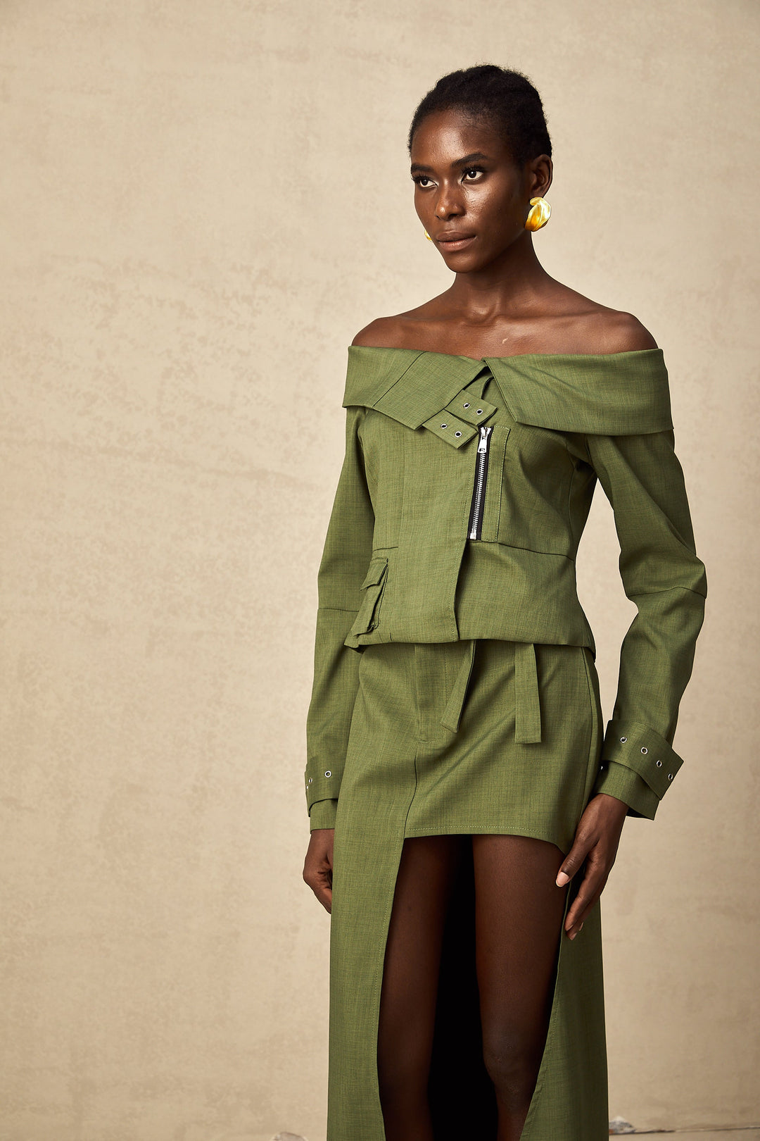 Levoire | Veste À Design Asymétrique Vert & Jupe Ensemble Coordiné