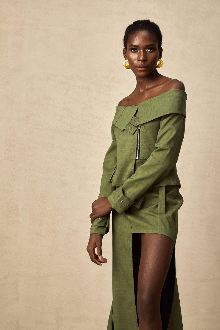 Levoire | Veste À Design Asymétrique Vert & Jupe Ensemble Coordiné