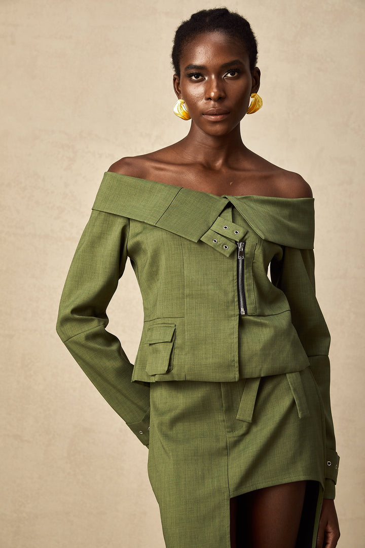 Levoire | Veste À Design Asymétrique Vert & Jupe Ensemble Coordiné
