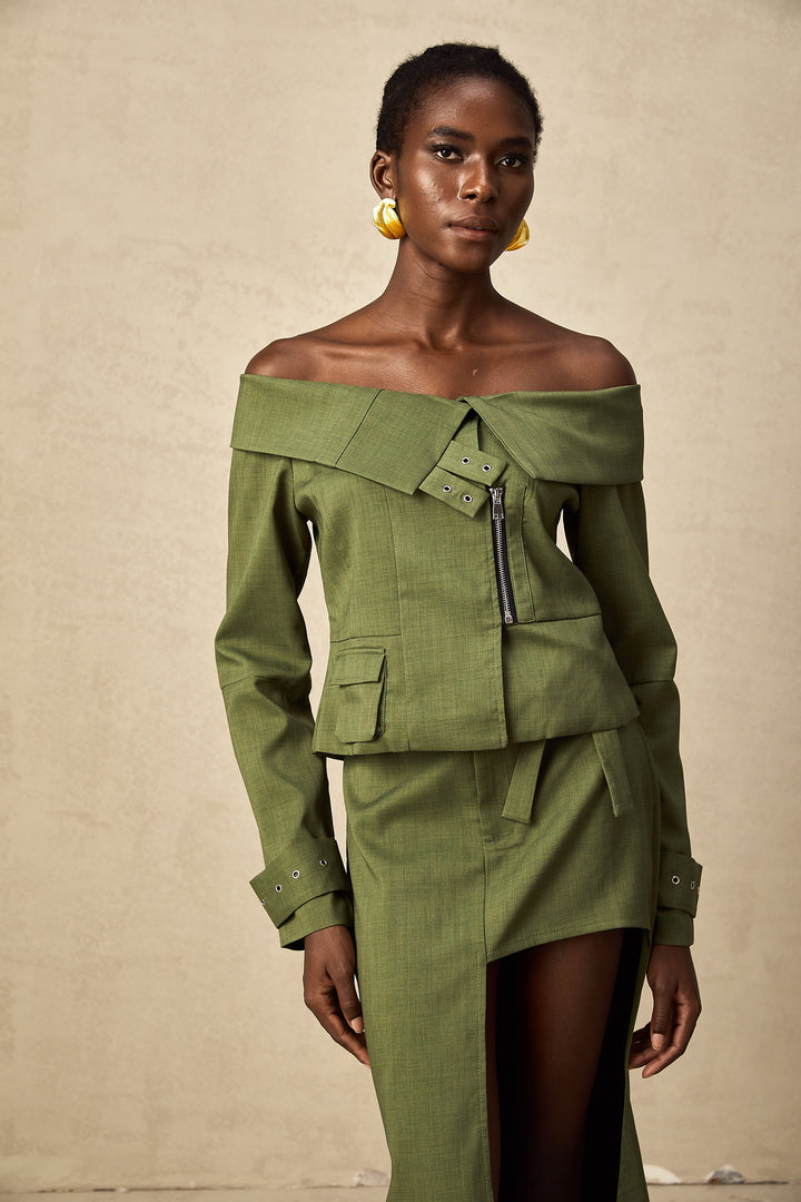 Levoire | Veste À Design Asymétrique Vert & Jupe Ensemble Coordiné