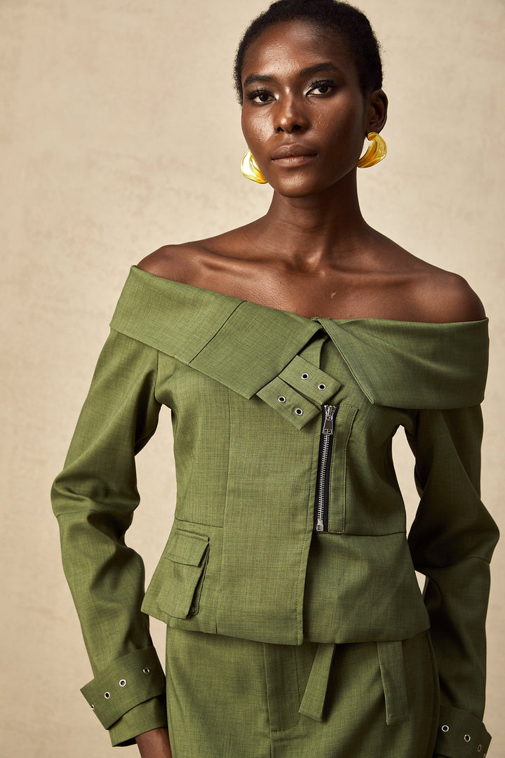 Levoire | Veste À Design Asymétrique Vert & Jupe Ensemble Coordiné