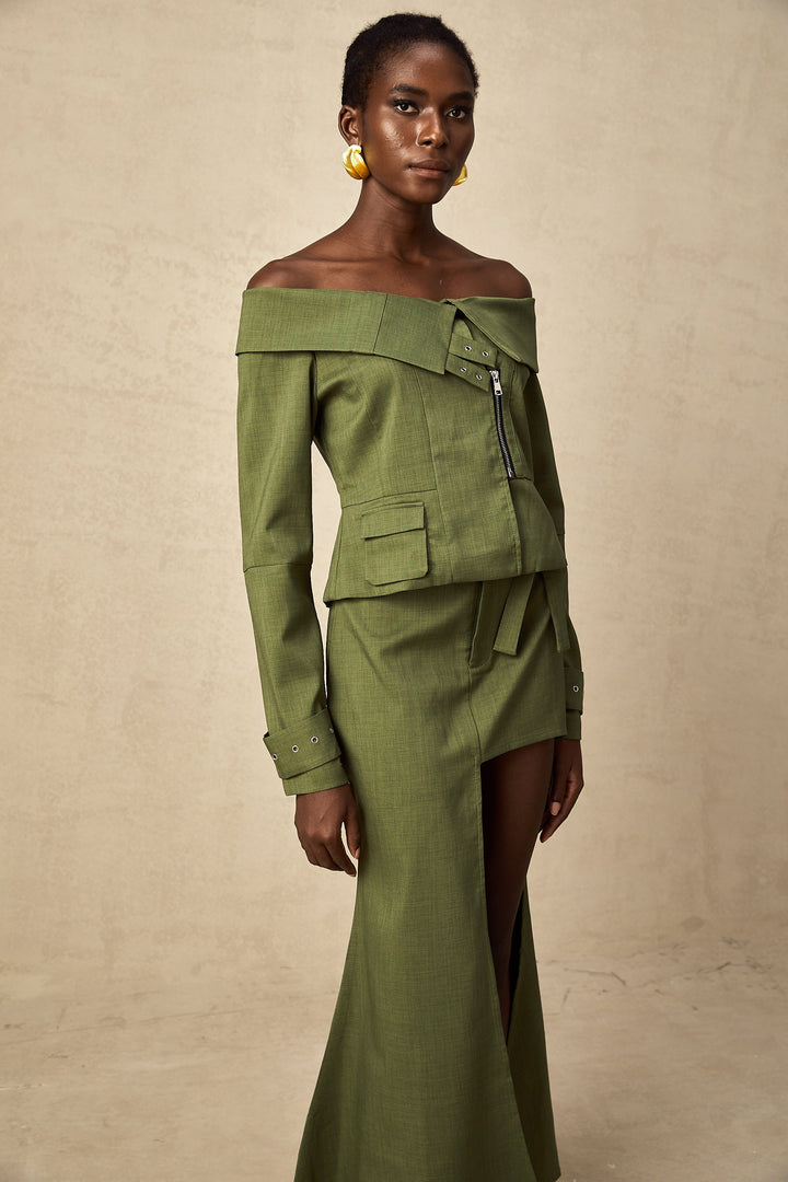 Levoire | Veste À Design Asymétrique Vert & Jupe Ensemble Coordiné