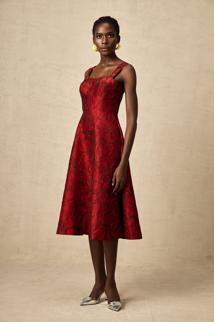 Levoire | Robe Midi Jacquard Fleurs Rouges