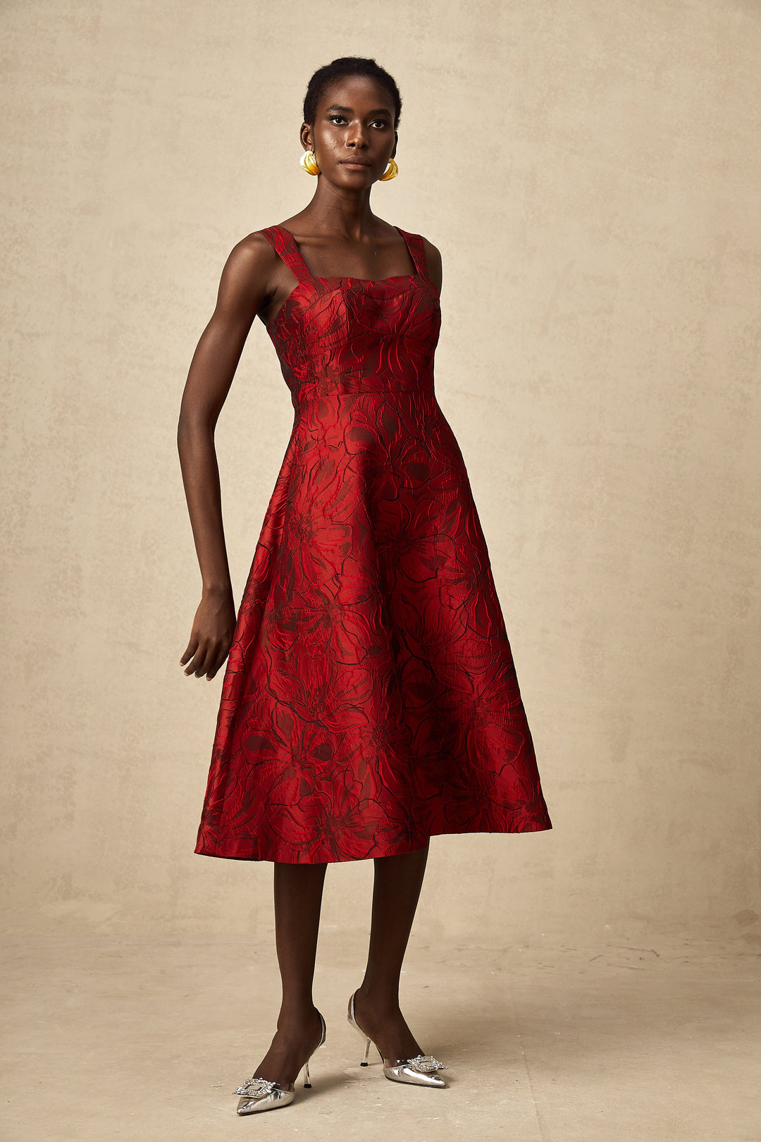 Levoire | Robe Midi Jacquard Fleurs Rouges