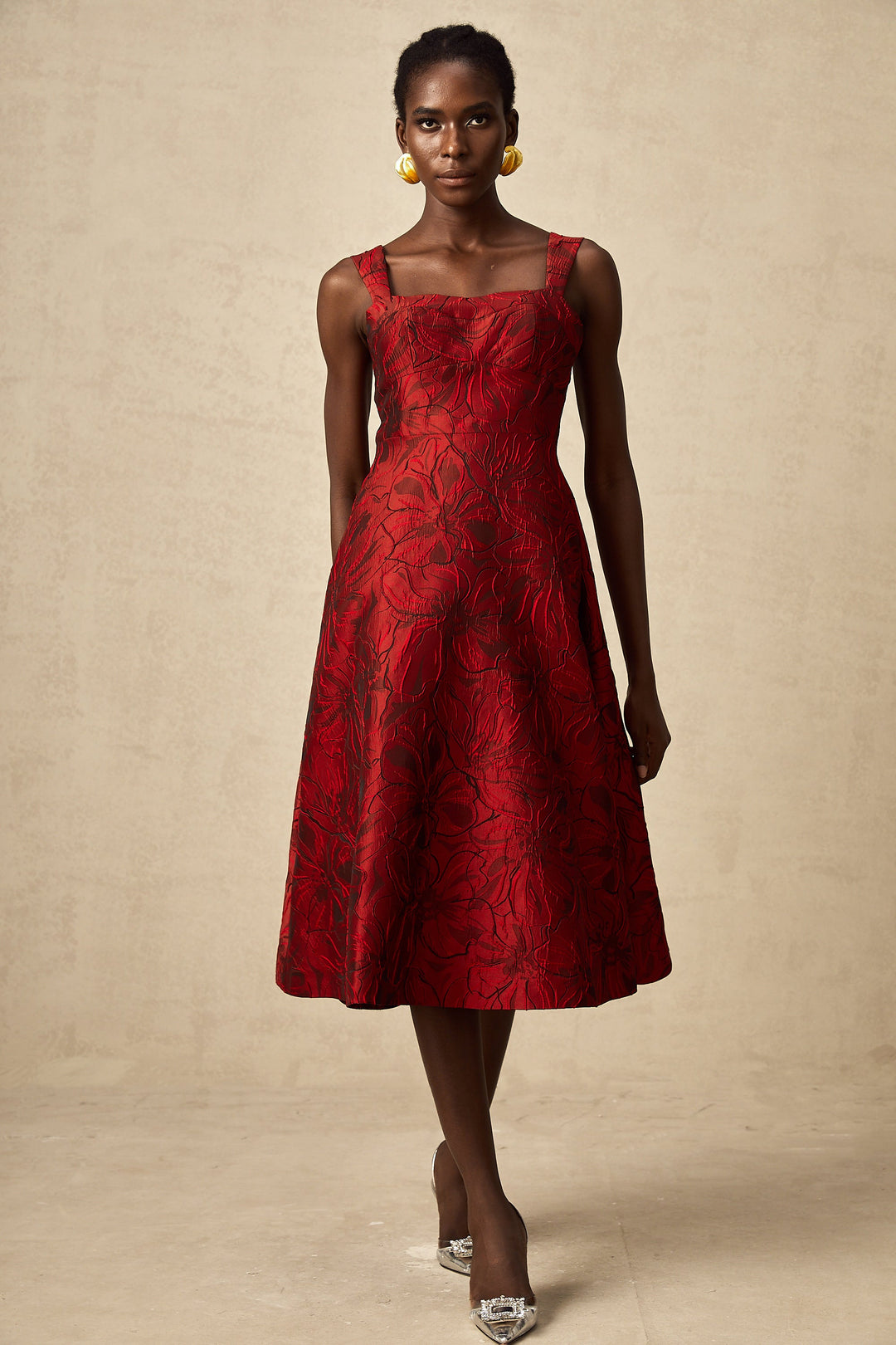 Levoire | Robe Midi Jacquard Fleurs Rouges