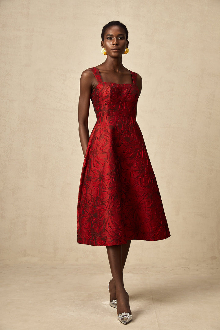 Levoire | Robe Midi Jacquard Fleurs Rouges