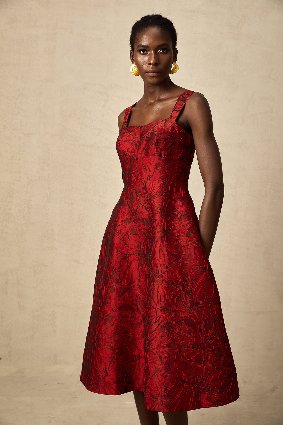 Levoire | Robe Midi Jacquard Fleurs Rouges