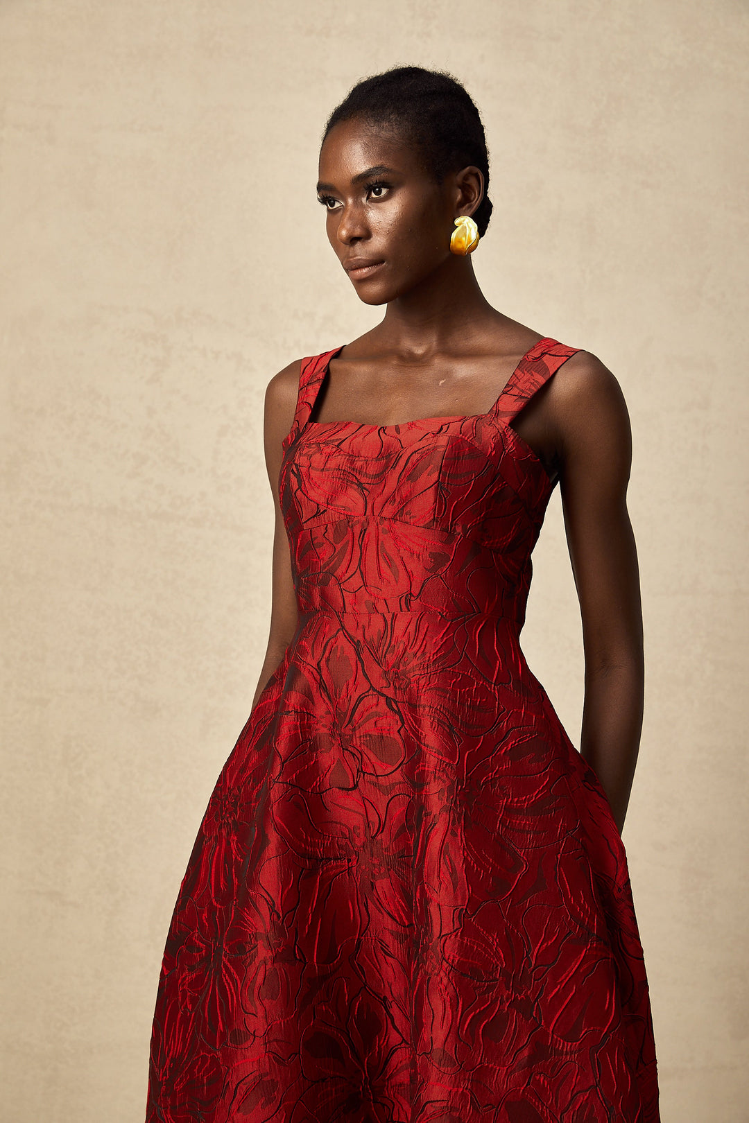 Levoire | Robe Midi Jacquard Fleurs Rouges