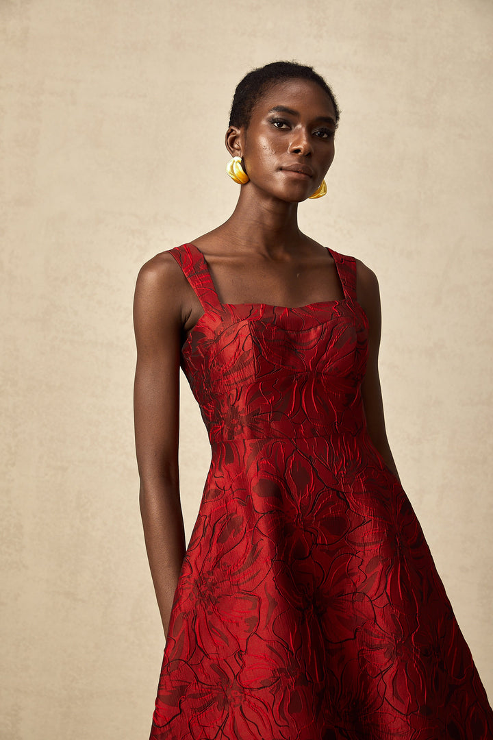 Levoire | Robe Midi Jacquard Fleurs Rouges