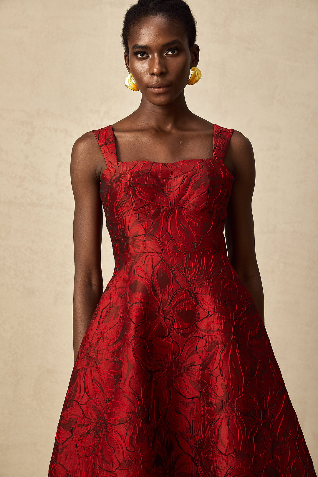 Levoire | Robe Midi Jacquard Fleurs Rouges