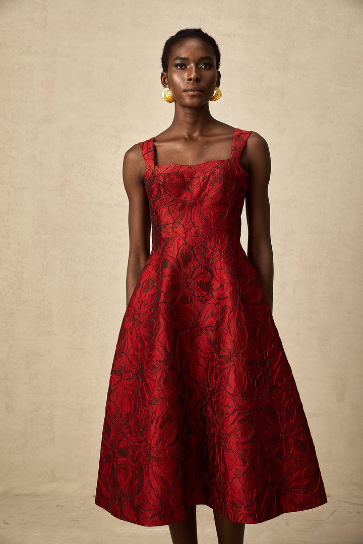 Levoire | Robe Midi Jacquard Fleurs Rouges