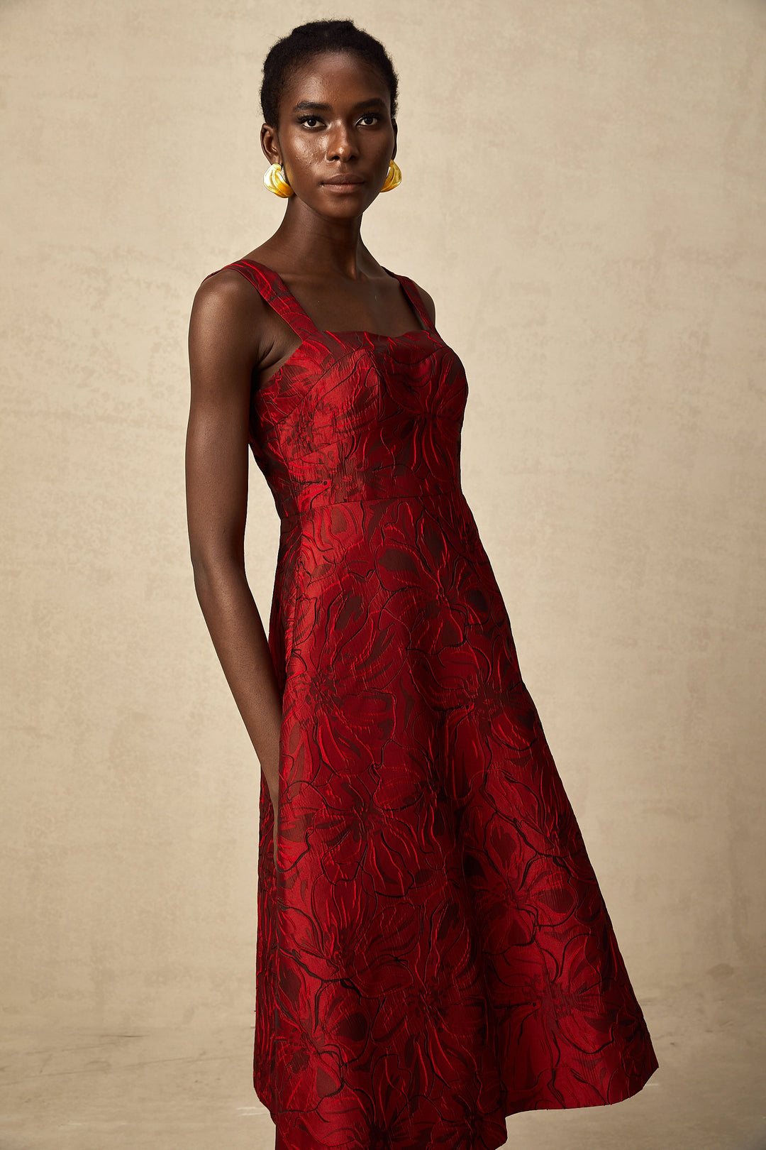 Levoire | Robe Midi Jacquard Fleurs Rouges