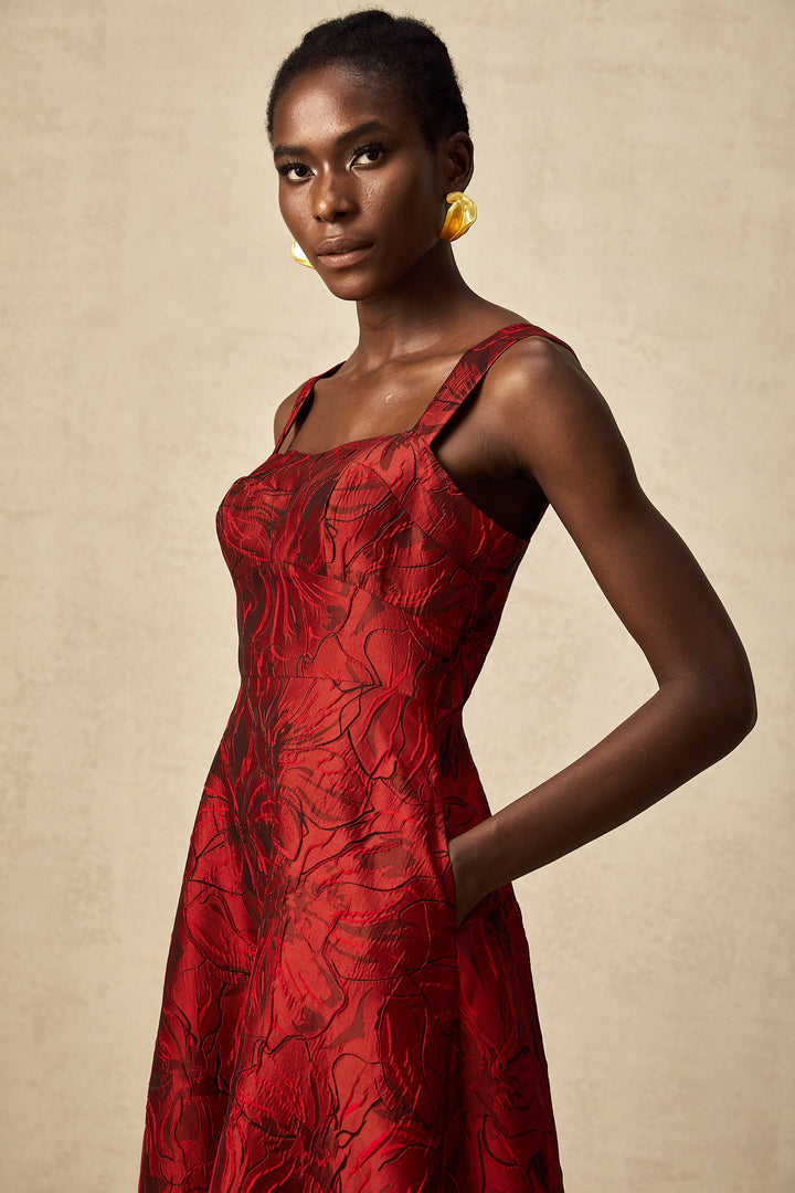 Levoire | Robe Midi Jacquard Fleurs Rouges