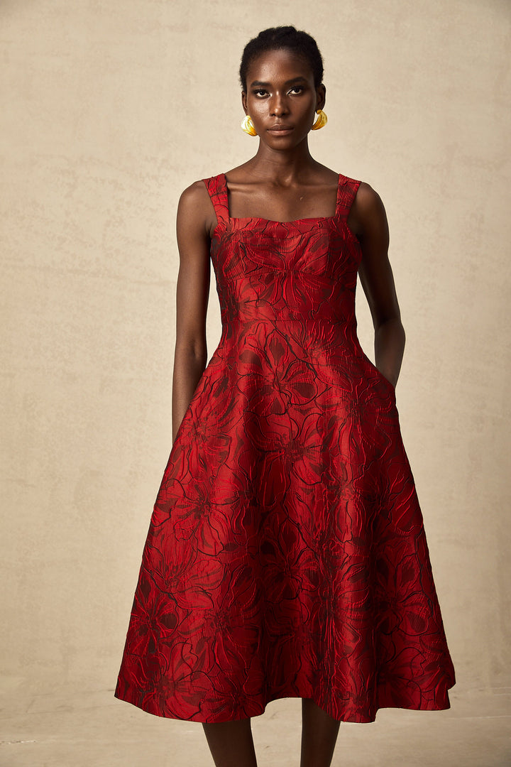 Levoire | Robe Midi Jacquard Fleurs Rouges