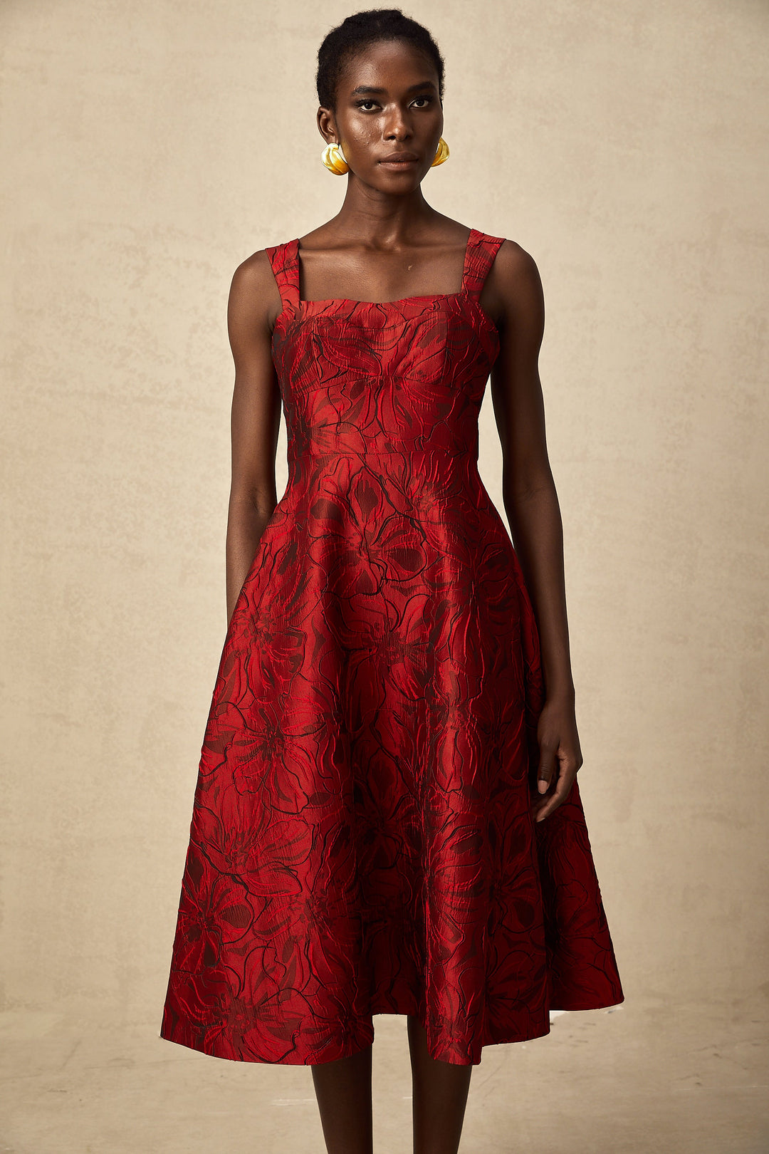 Levoire | Robe Midi Jacquard Fleurs Rouges