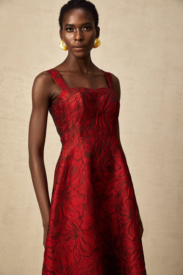 Levoire | Robe Midi Jacquard Fleurs Rouges