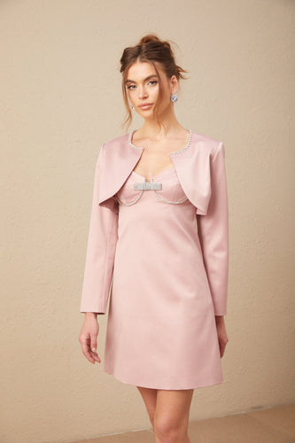 Levoire | Pink Satin Décoré Pull En Tricot & Robe Ensemble Correspondant