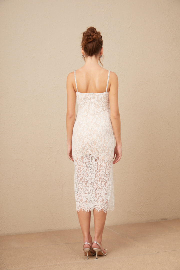 Levoire | Robe Midi En Dentelle Avec Bustier Cristal
