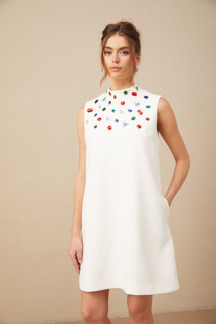 Levoire | Élise Blanc Cristal Grande Taille Nœud Sans Manches Mini Robe