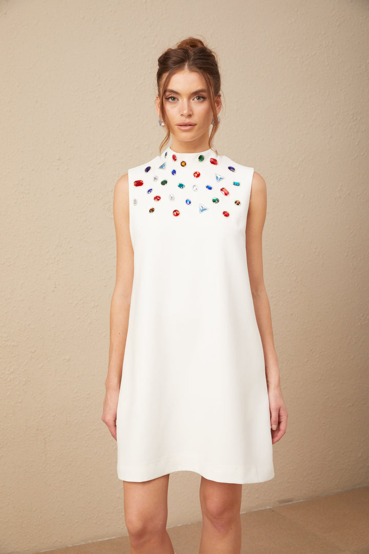 Levoire | Élise Blanc Cristal Grande Taille Nœud Sans Manches Mini Robe