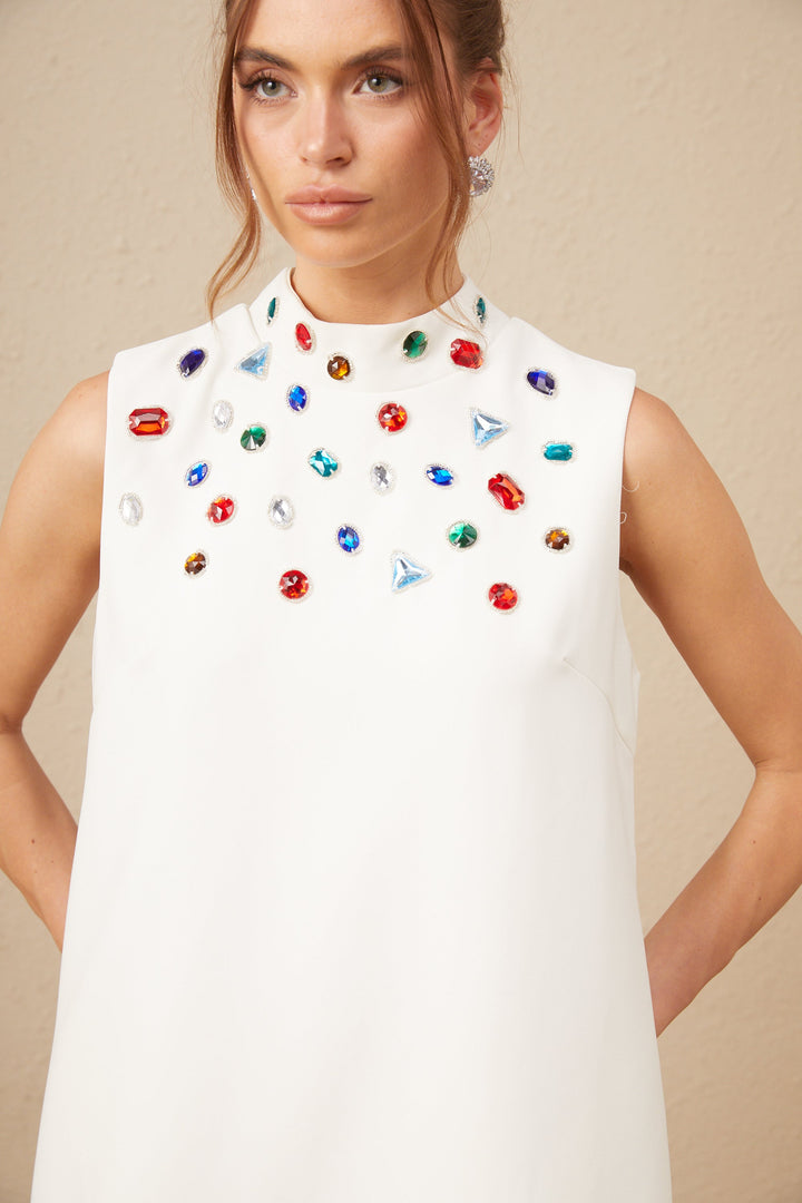 Levoire | Élise Blanc Cristal Grande Taille Nœud Sans Manches Mini Robe