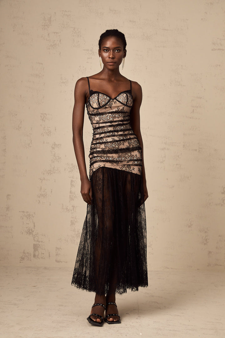 Levoire | Robe Midi À Volants En Dentelle Brodée De Fleurs