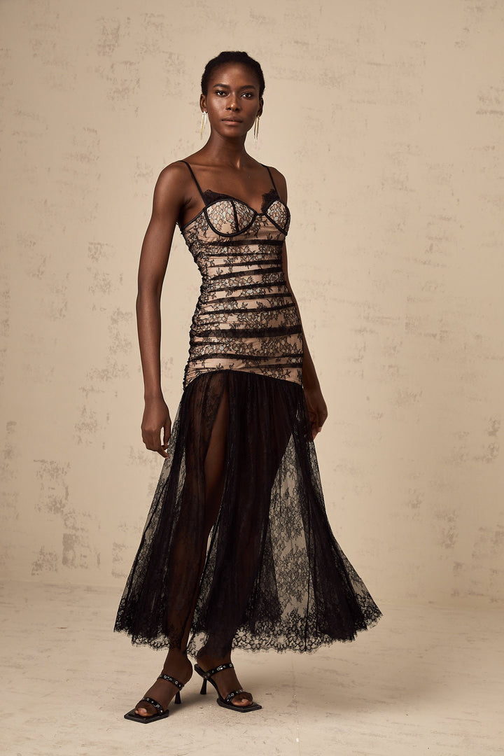 Levoire | Robe Midi À Volants En Dentelle Brodée De Fleurs
