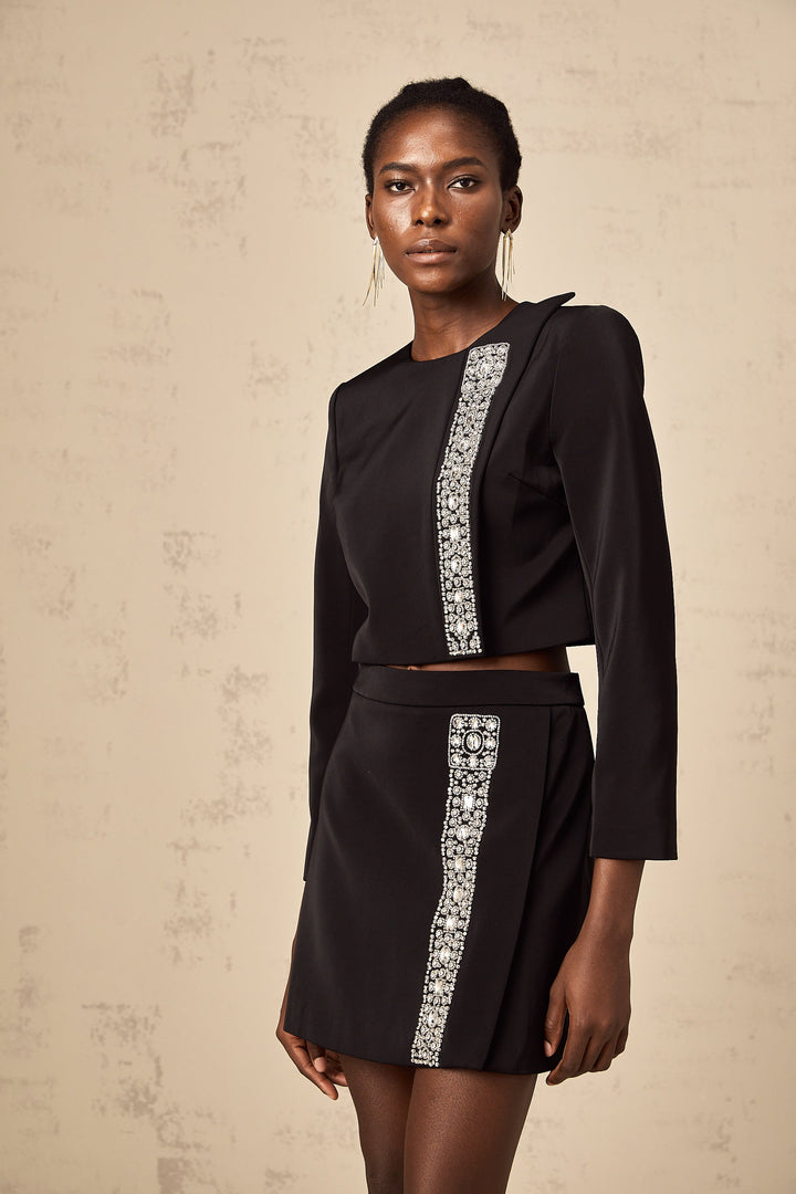 Levoire | Haut De Tenues Avec Cristaux Noirs Et Jupe Ensemble Assorti