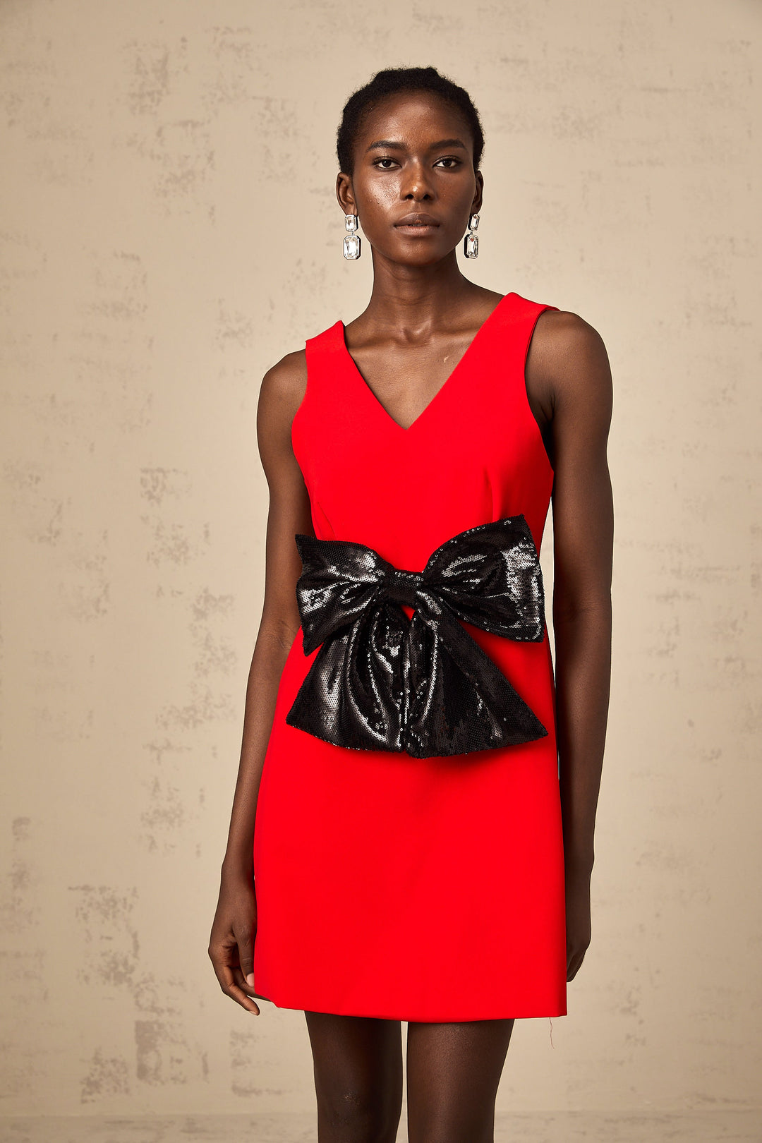 Levoire | V-Décolleté Paillettes Nœud Mini Robe Rouge