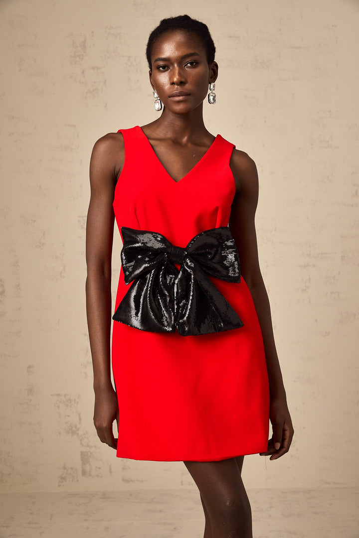 Levoire | V-Décolleté Paillettes Nœud Mini Robe Rouge