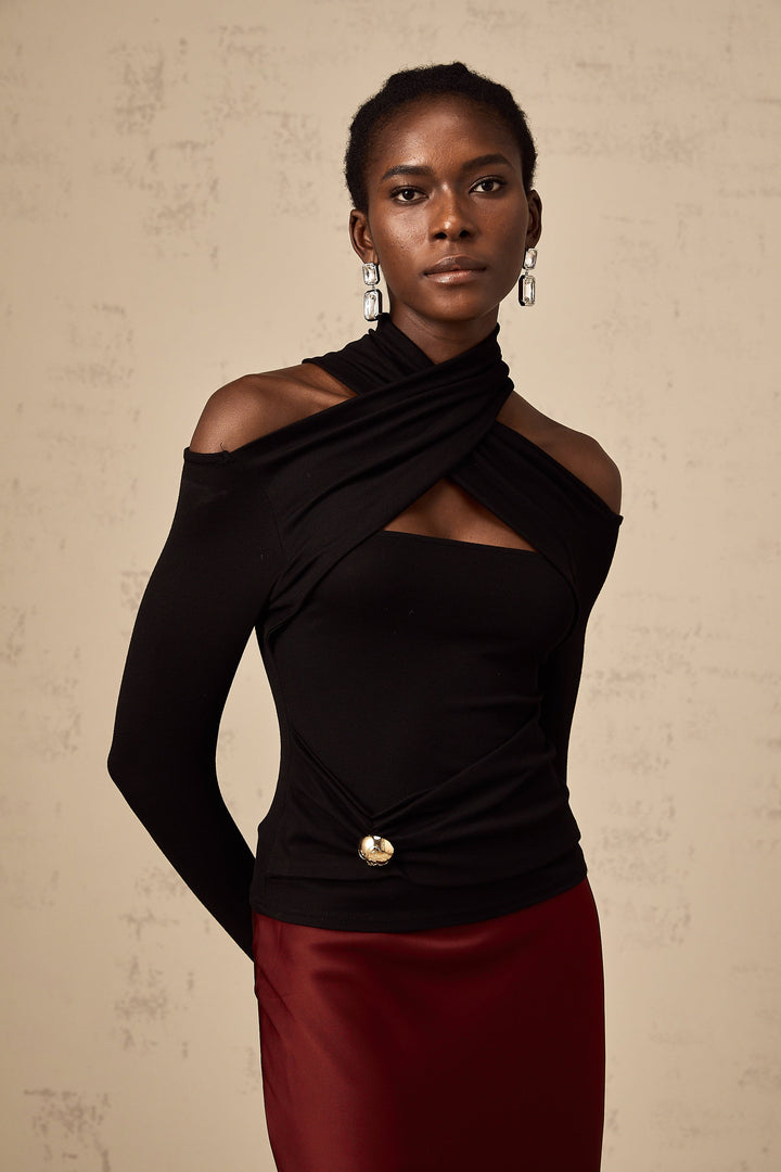 Levoire | Chemisier Noir À Volants En Jersey Extensible