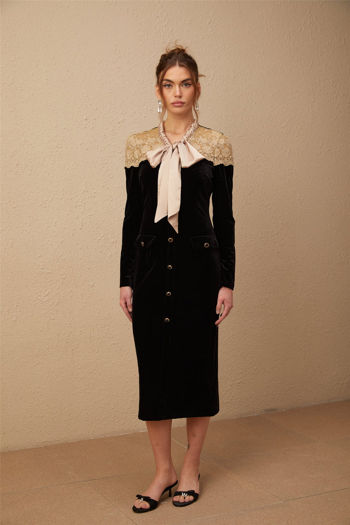 Levoire | Robe Midi Noire À Col Lié Panels