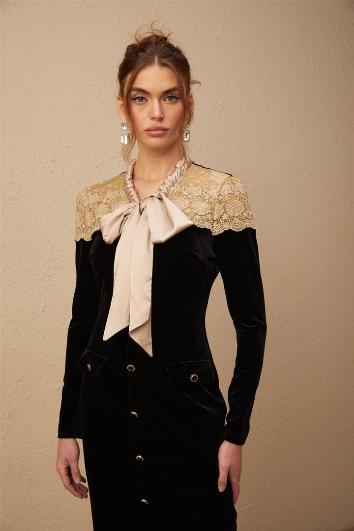 Levoire | Robe Midi Noire À Col Lié Panels