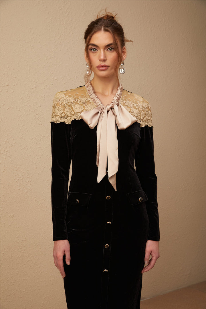 Levoire | Robe Midi Noire À Col Lié Panels
