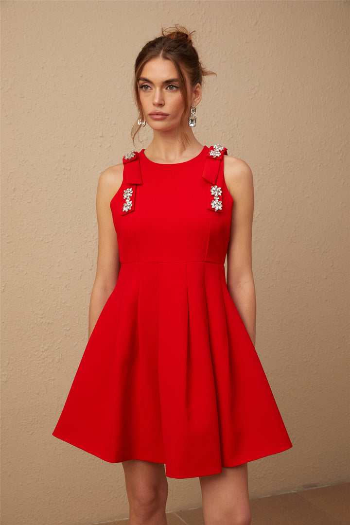 Levoire | Noeud Rouge Robe Mini Plissée Sans Manches