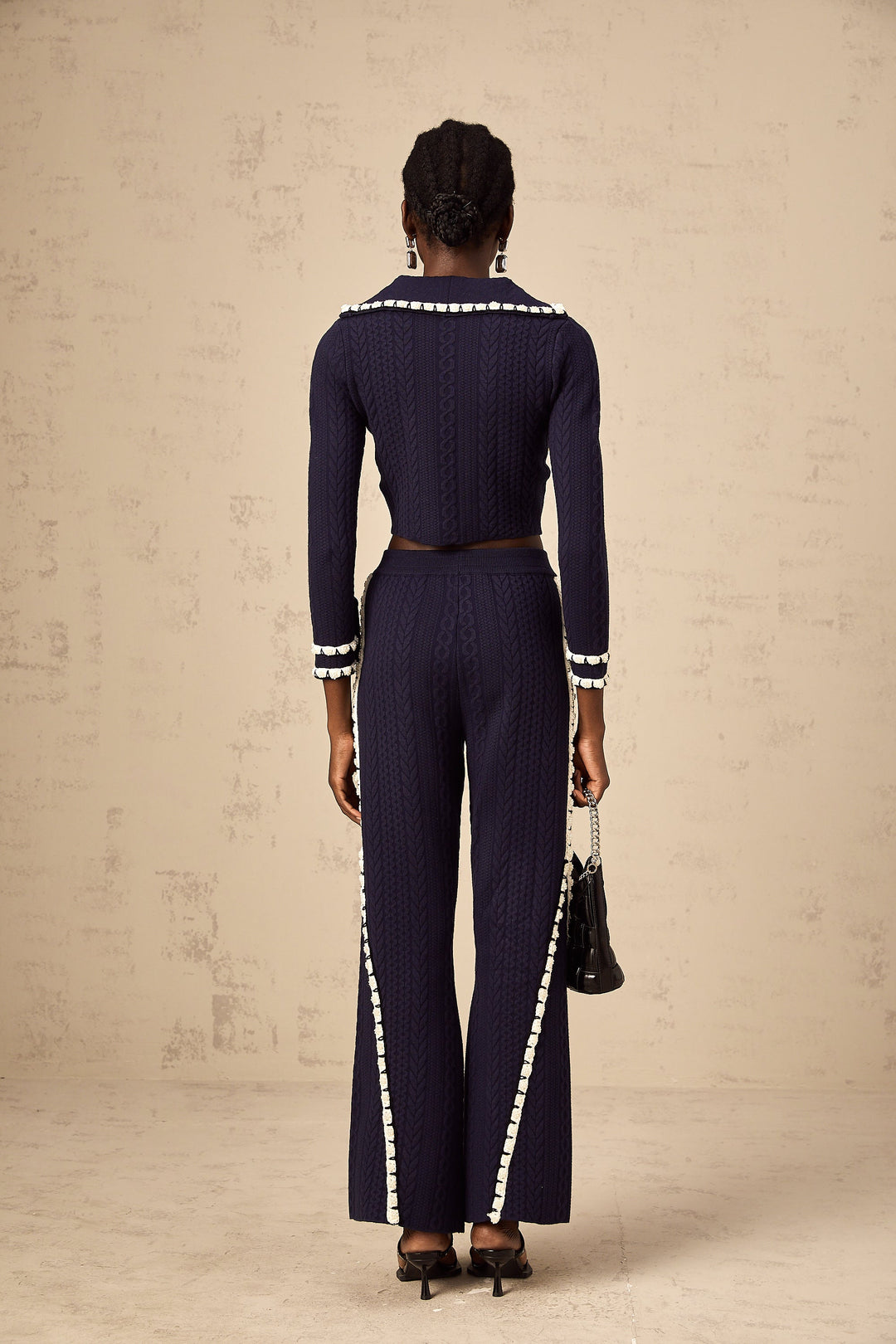 Levoire | Veste En Tricot En Crochet Marine Et Pantalon Ensemble Assorti