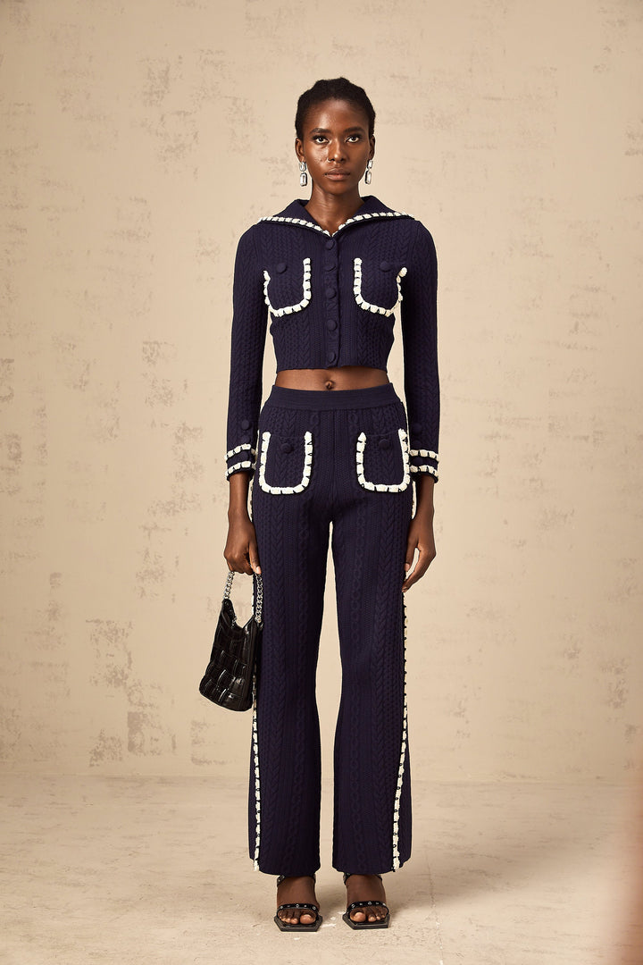 Levoire | Veste En Tricot En Crochet Marine Et Pantalon Ensemble Assorti