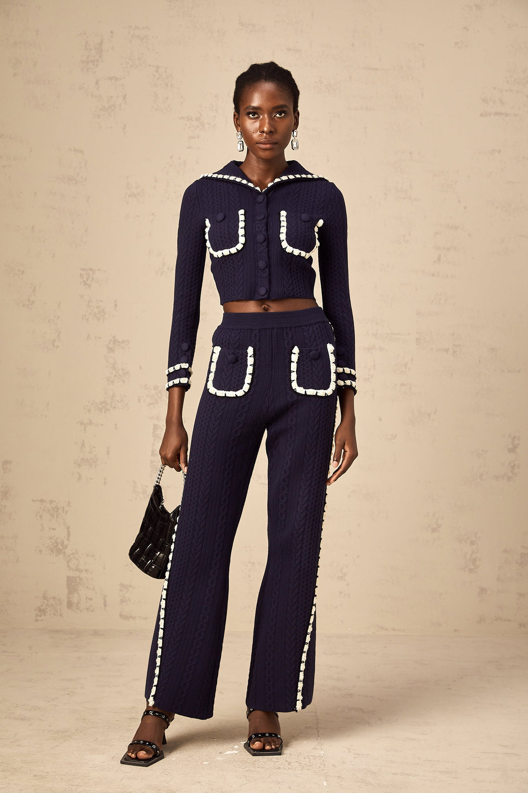 Levoire | Veste En Tricot En Crochet Marine Et Pantalon Ensemble Assorti